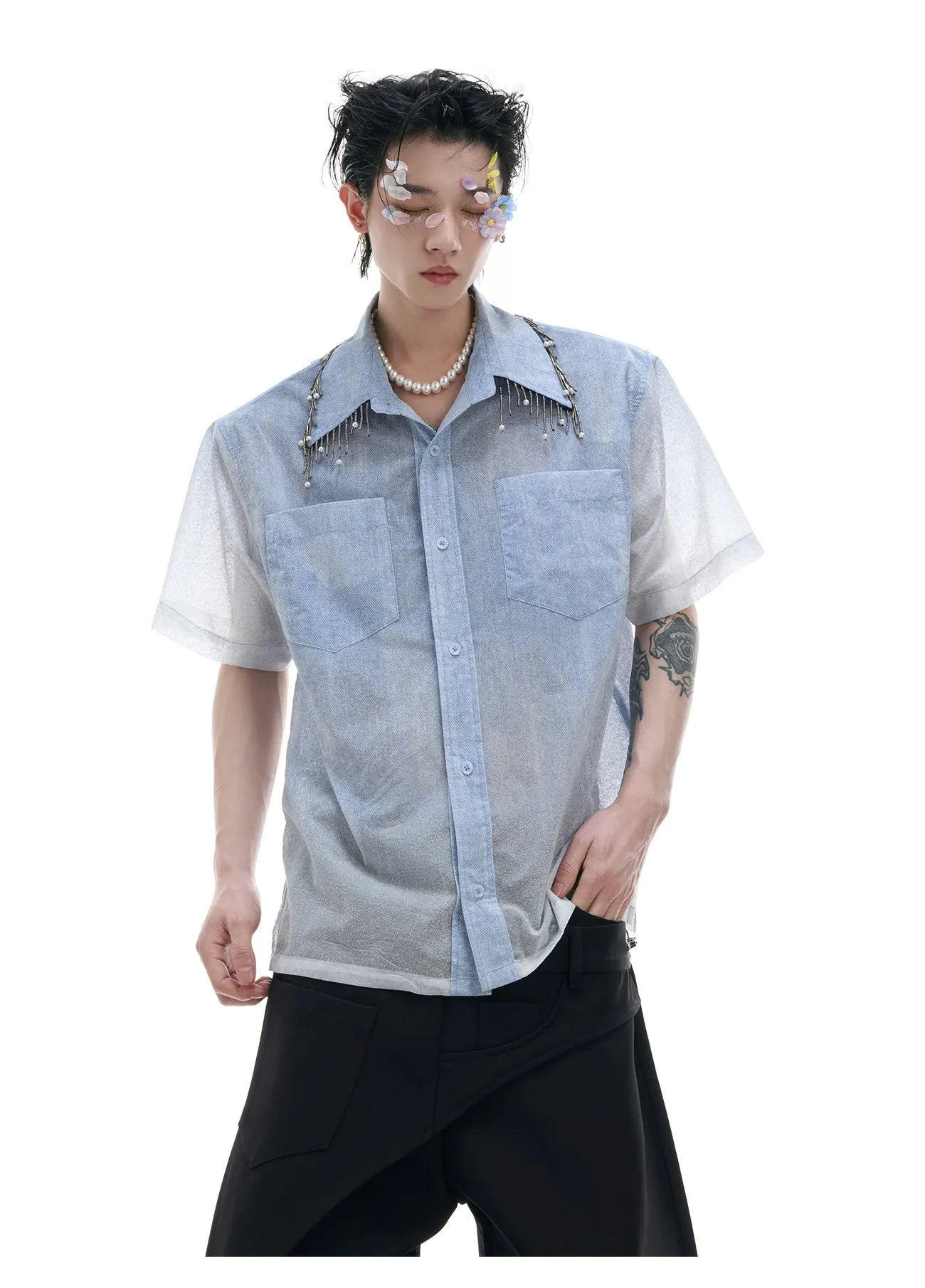 Men's loose fit blue gradient short sleeve shirt with quilted detailing