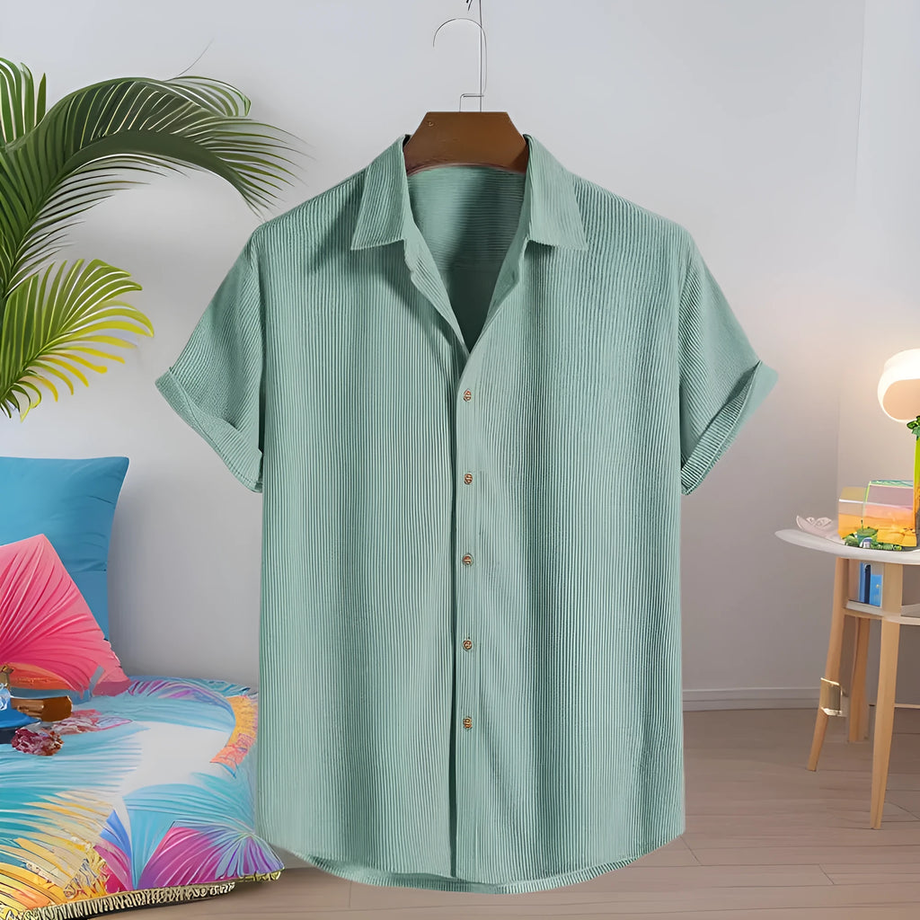Men's casual short-sleeved polyester shirt in cardigan style on a hanger