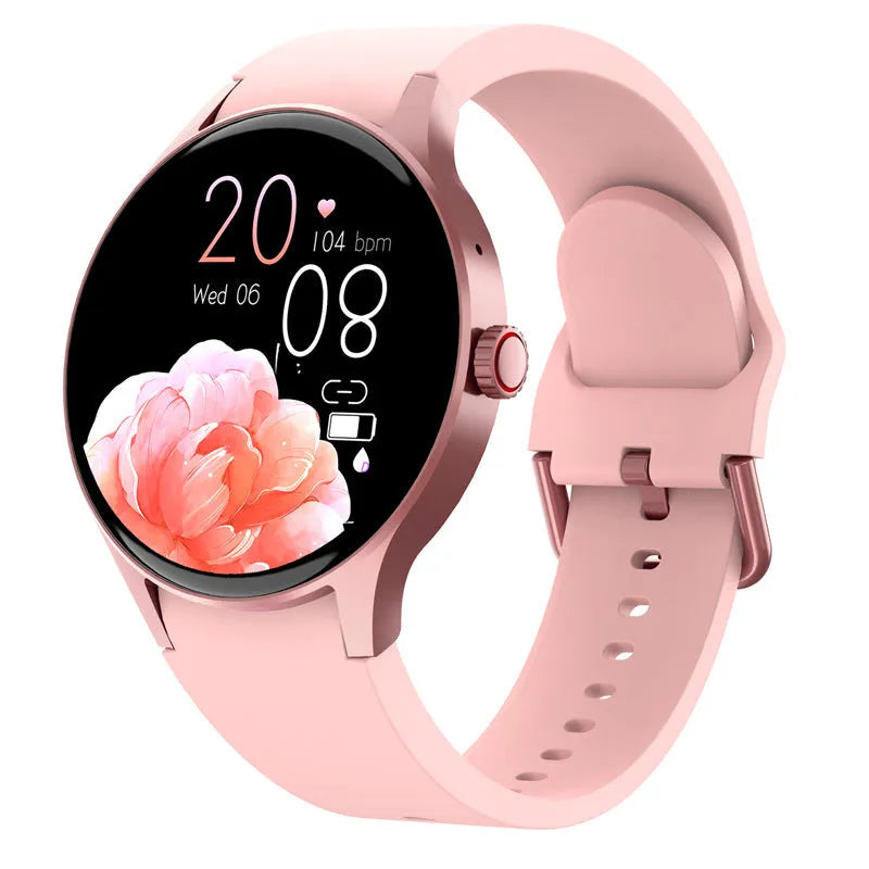 Black smart sport watch with round touch screen on a wrist, showing fitness stats.