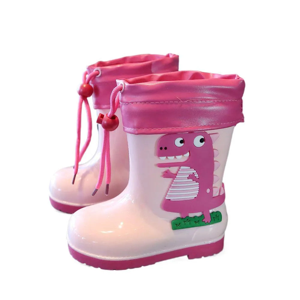 Children's non-slip low-top rain boots with dinosaur pattern in blue, pink, and yellow, PVC material, inner lengths 14-20cm