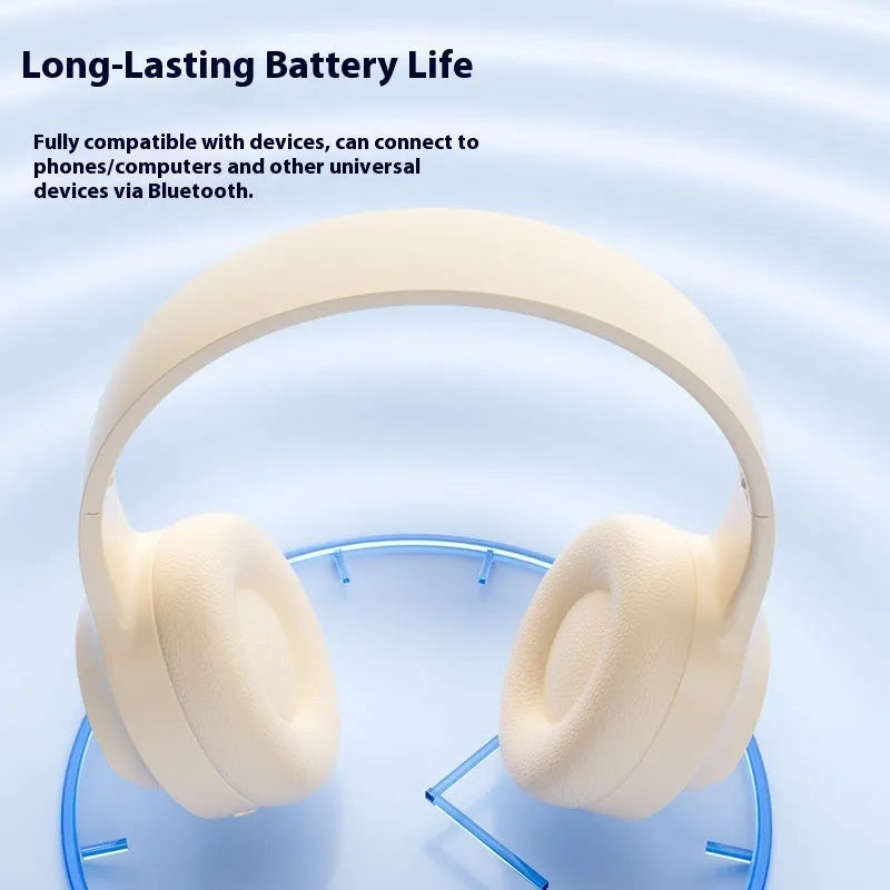 Wireless Bluetooth headset in beige with head-mounted design and ear cups, neutral background
