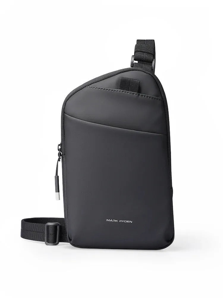 Men's black Oxford cloth crossbody bag showing sewing thread details and simple design