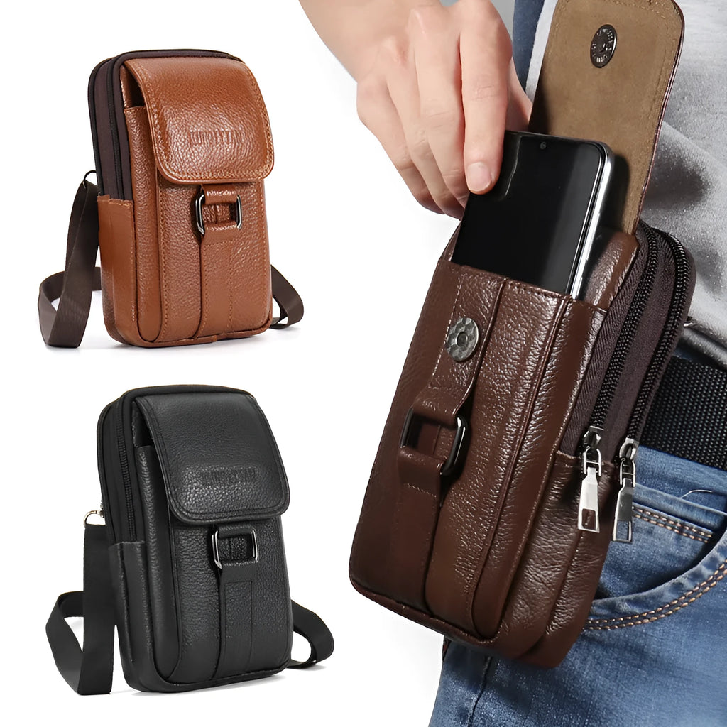 Leather men's mobile phone waist bag in black small size, first-layer cowhide, square vertical shape with sewing line detail