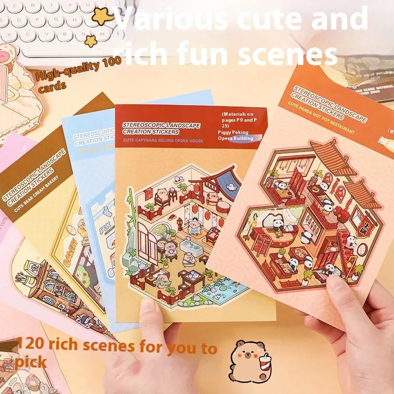 Miniature scene collection sticker book with 20 simulation scenes in PET material
