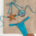 Pure Desire split swimsuit shell bikini two-piece high sense set in blue with mesh detailing, sizes S M L