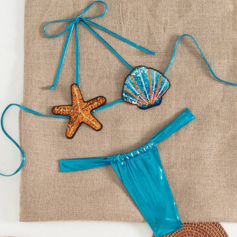 Pure Desire split swimsuit shell bikini two-piece high sense set in blue with mesh detailing, sizes S M L