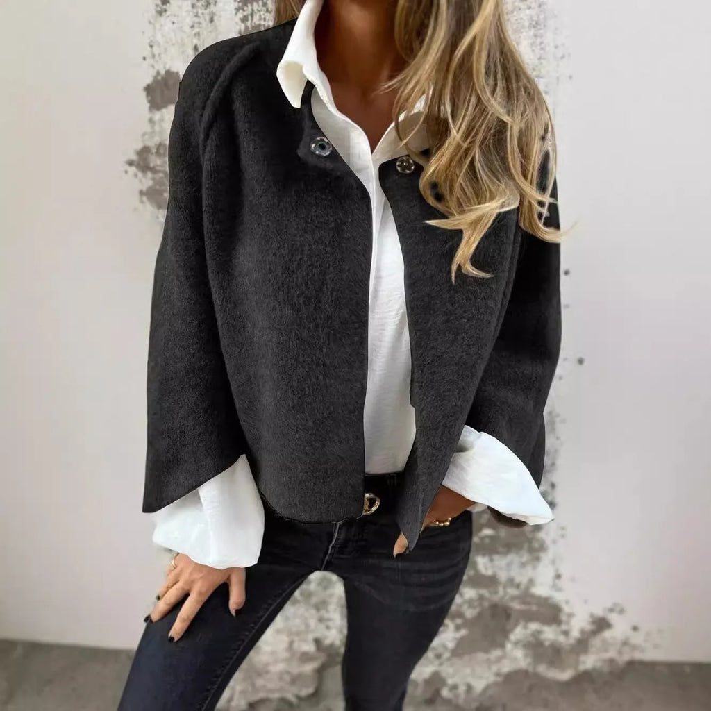Lady's bat-sleeve cardigan short cashmere coat in polyester fabric, regular fit, long sleeves, 13 colour options
