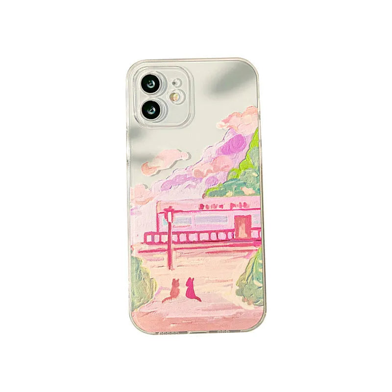 iPhone phone case with a colourful two-cats cartoon design on a white polycarbonate rear cover.