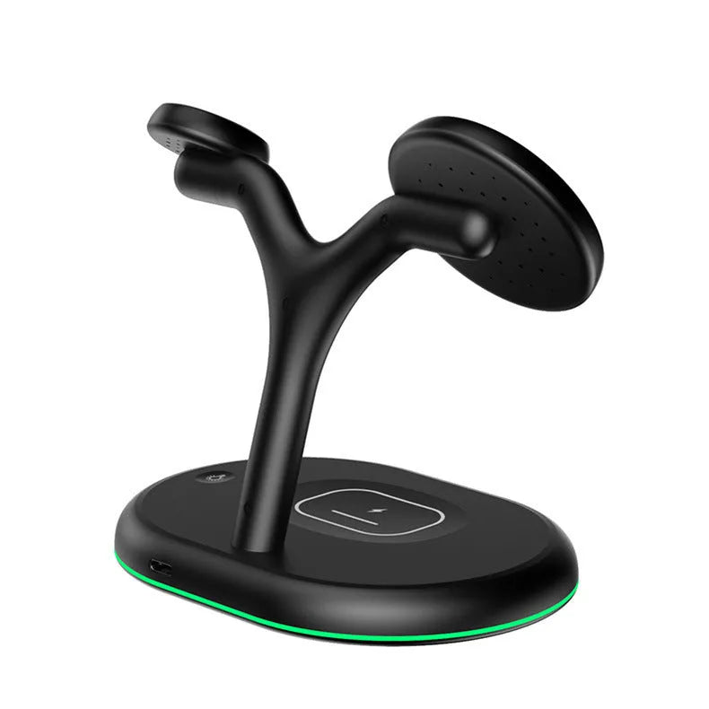 Black vertical magnetic three-in-one wireless charging stand with phone attached and watch charger folded out.