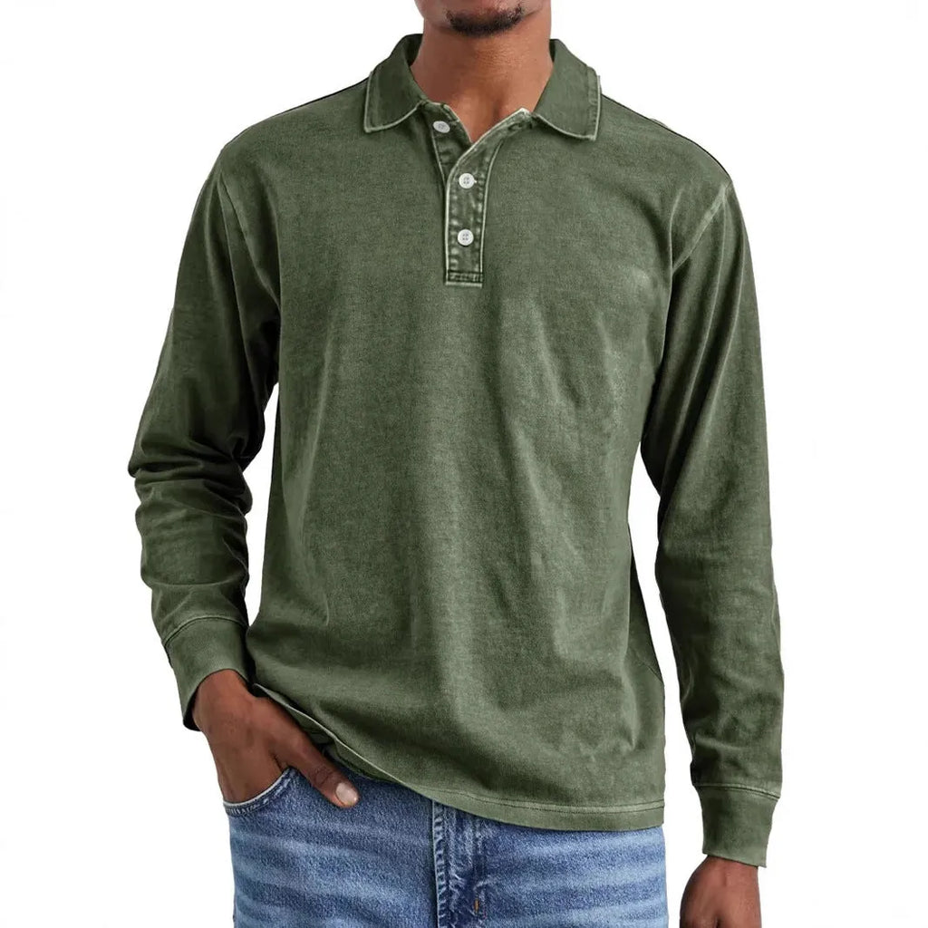 Retro washed distressed pure cotton long sleeve polo shirt with lapel collar in multiple colours.