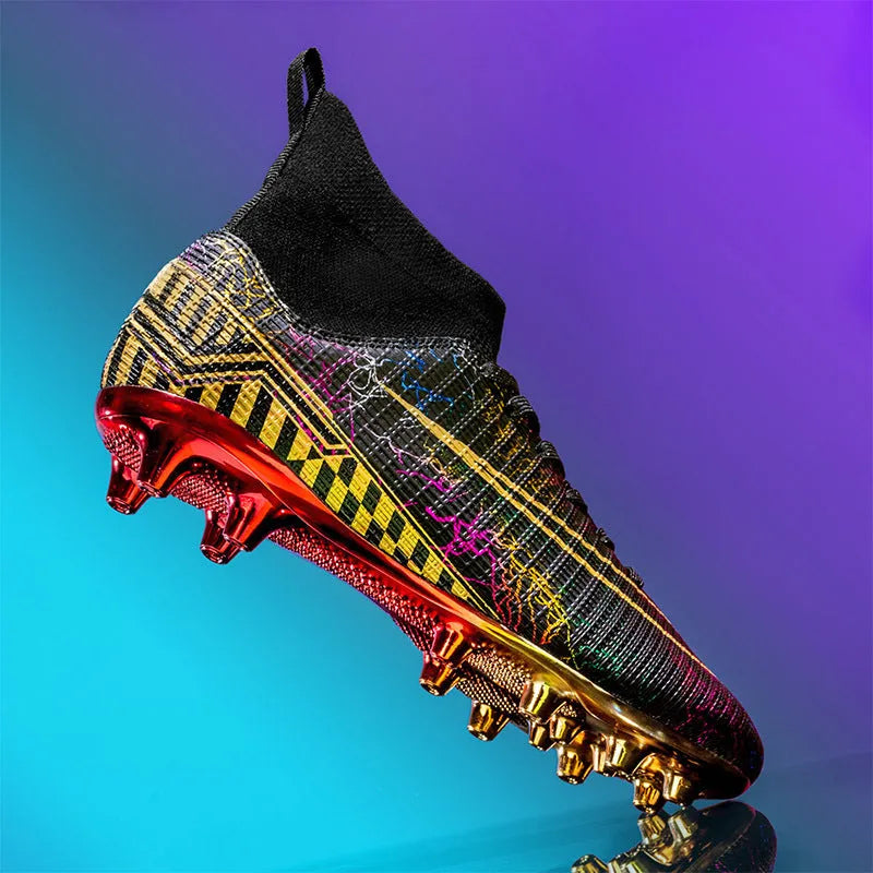High-top football training shoes with gold-plated sole, synthetic leather upper in white, black or mandarin duck colours