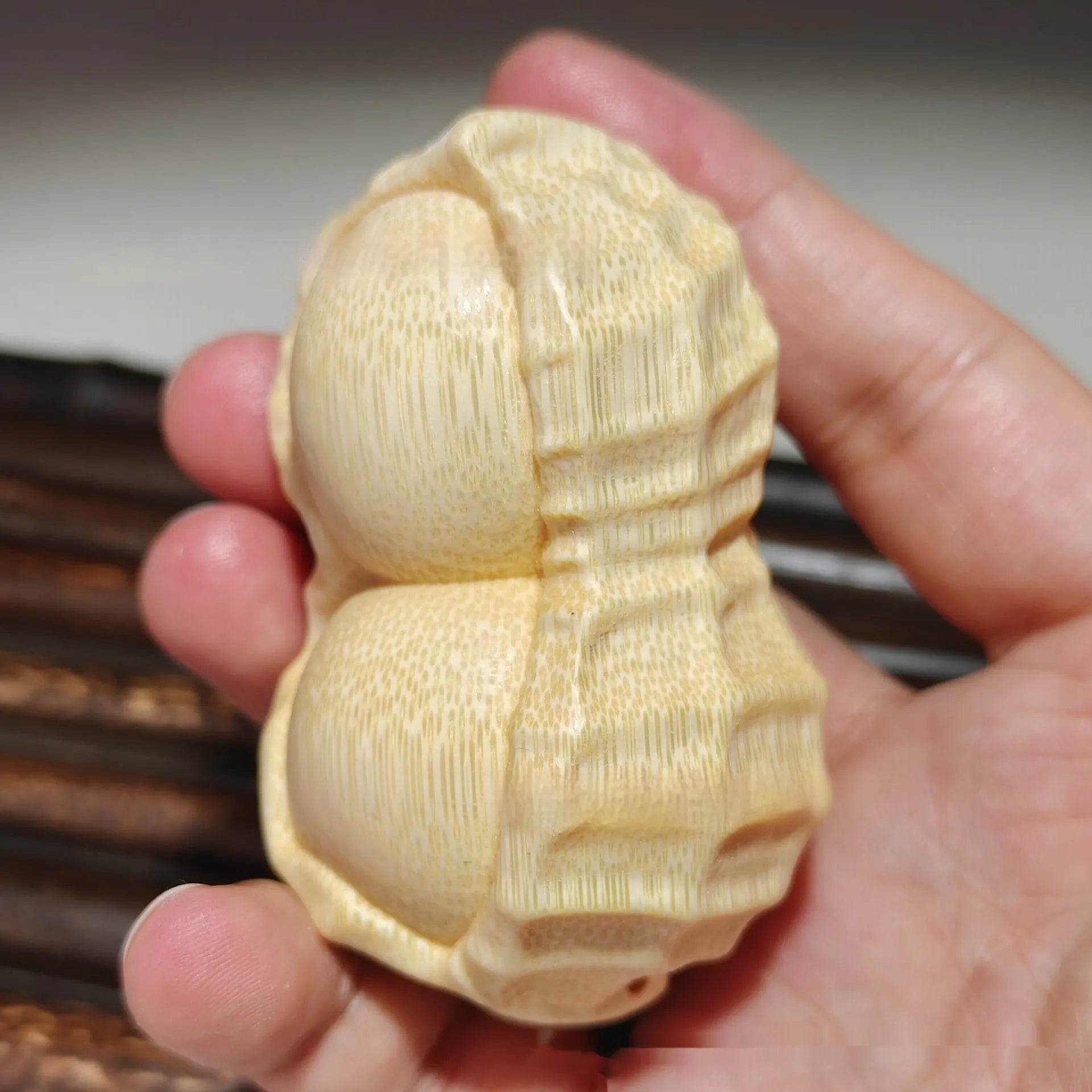 Natural solid bamboo peanut carving ornament with 'May Good Things Happen' inscription