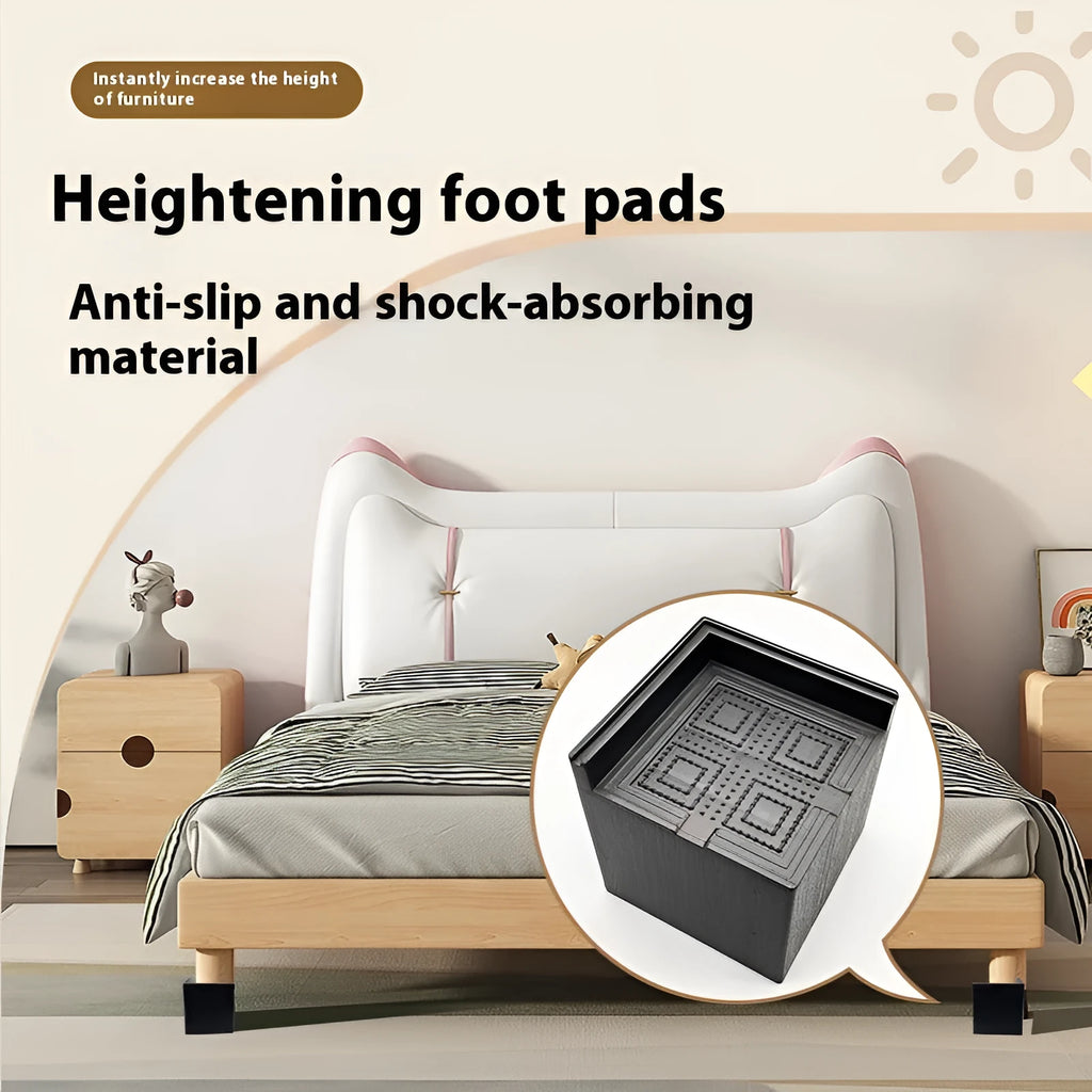 Black plastic furniture height adjustment mats in four-piece set for bed and sofa feet