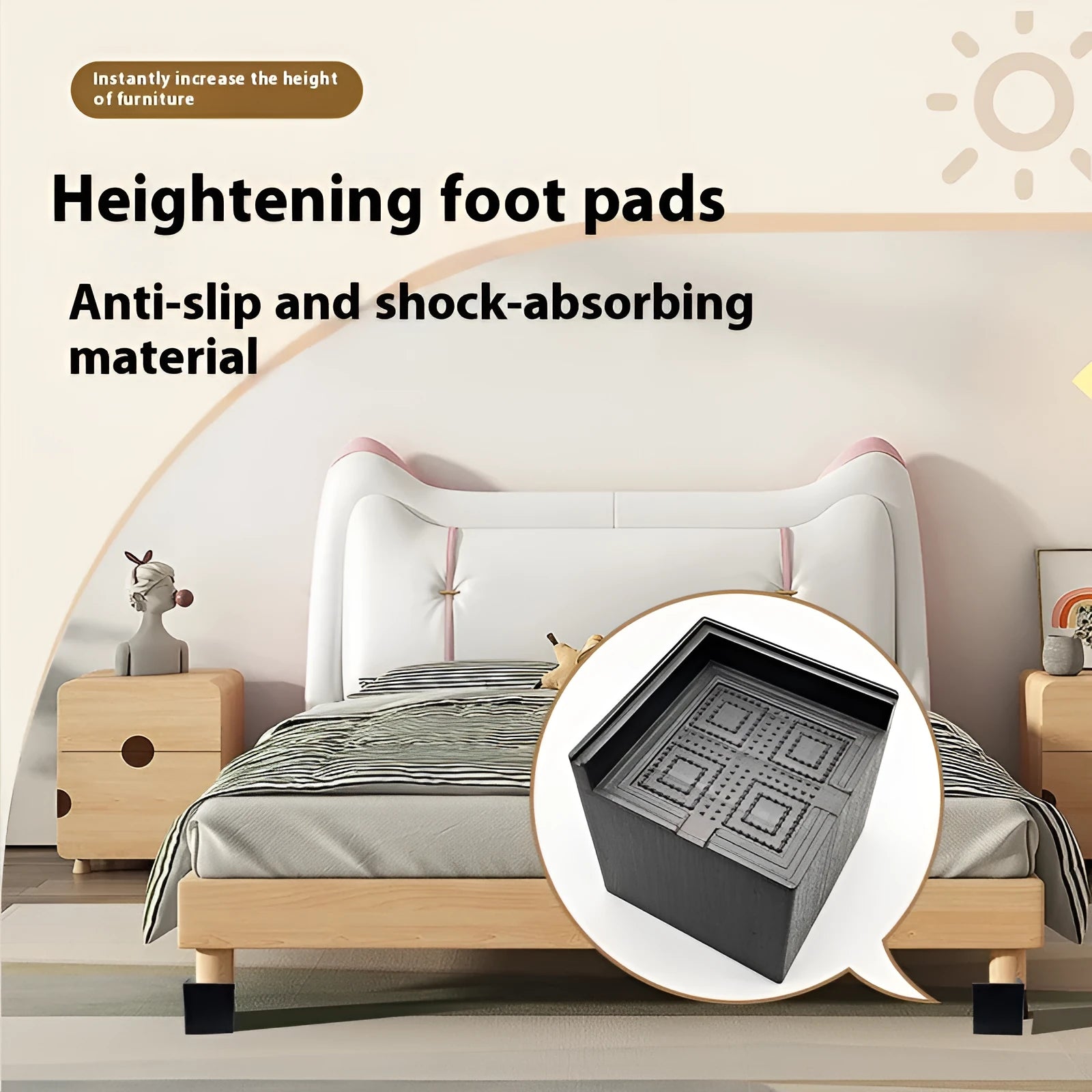 Black plastic furniture height adjustment mats in four-piece set for bed and sofa feet