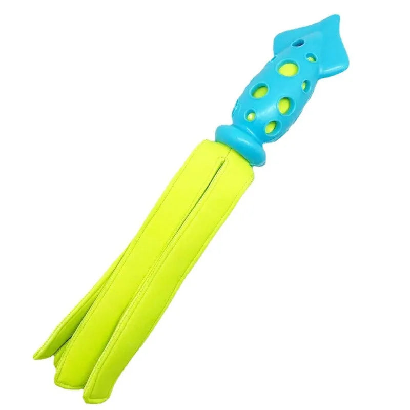 Blue squid-shaped dog chew toy with rubber tentacles and waterproof cloth elements measuring approximately 39cm