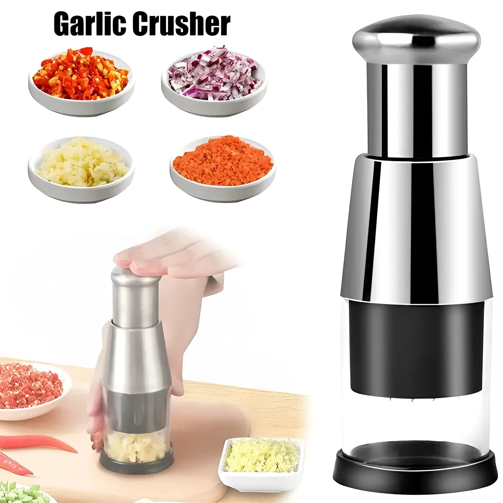 Black manual garlic press and onion chopper with stainless steel blades on a kitchen counter.