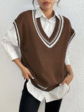Women's casual wool vest sweater in loose fit free size design showing college style pullover in black blue coffee colour options