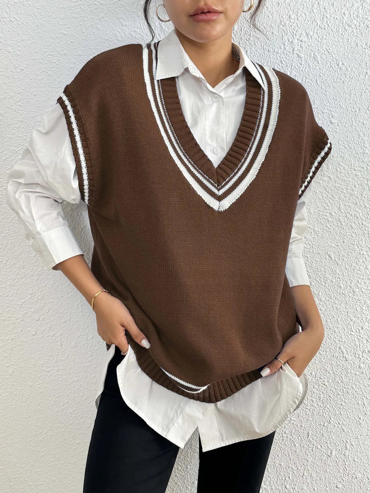 Women's casual wool vest sweater in loose fit free size design showing college style pullover in black blue coffee colour options