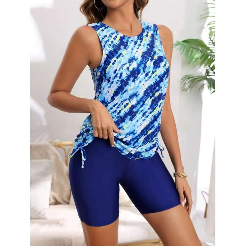 Sexy print high waist boxer vest tankini swimsuit for women in blue green pink blue black trousers