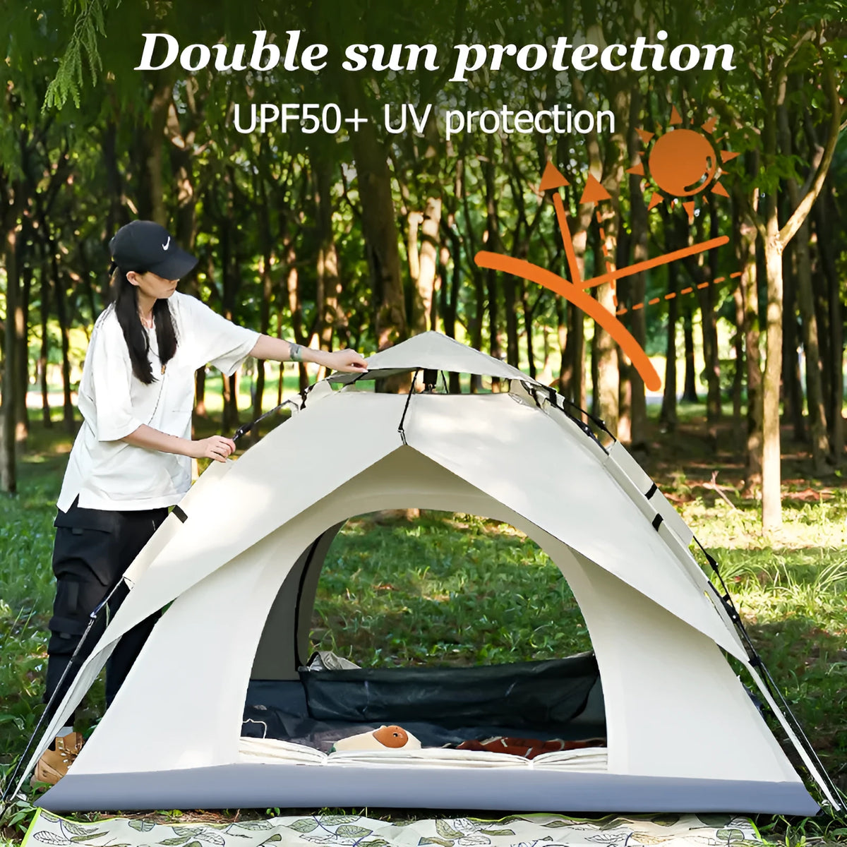 Beige double-layer outdoor camping tent with quick-opening automatic mechanism for 3-4 people, external size 240x210x135cm