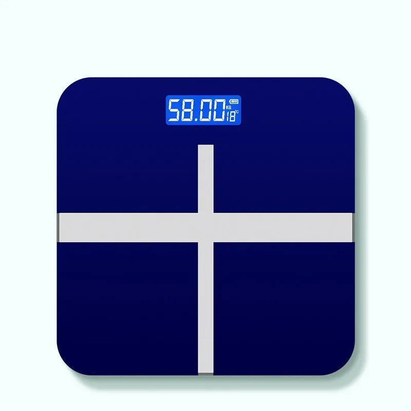 USB rechargeable electronic bathroom scale with cross pattern in black, rose red, or white colour options.
