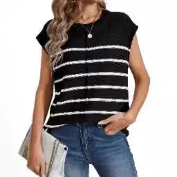 Women's striped sleeveless pullover vest in apricot colour showing seam bone stitching detail.