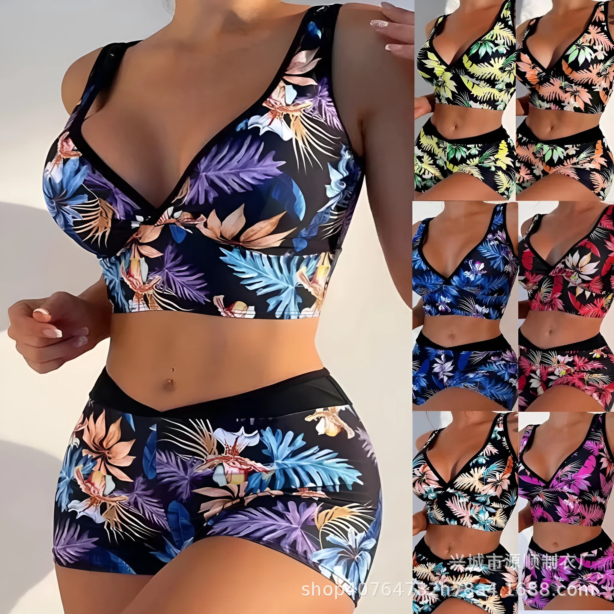 Women's two-piece printed swimsuit with sleeveless top and briefs-style bottoms in a multi-colour design.