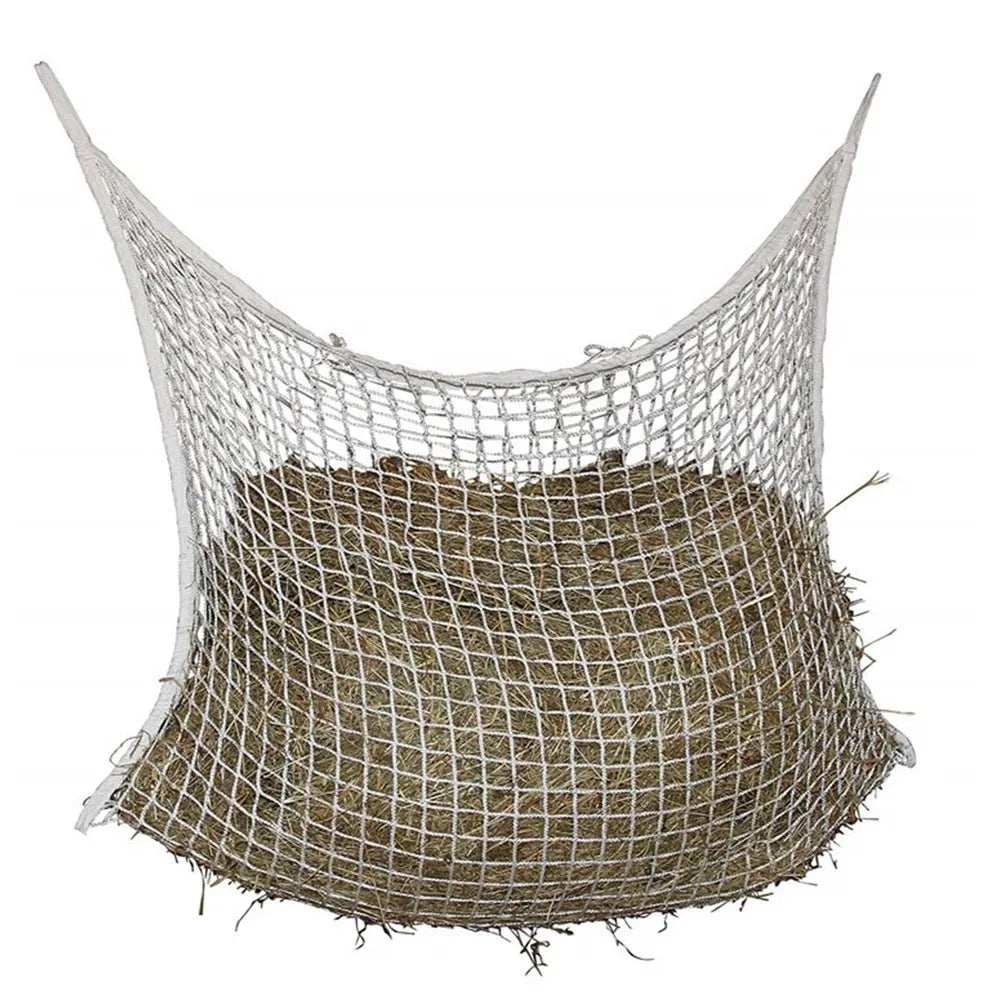 Woven PE rope horse feeding bag hanging with grid design in black colour