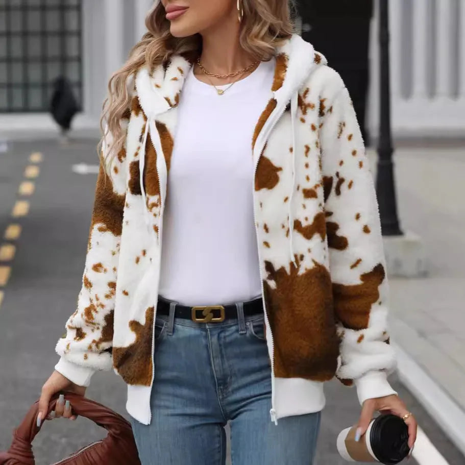 Yellow brown cow animal print hooded cardigan jacket with full zipper and regular sleeves