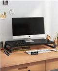 Wood-based board office computer monitor heightening stand with walnut colour and black support leg