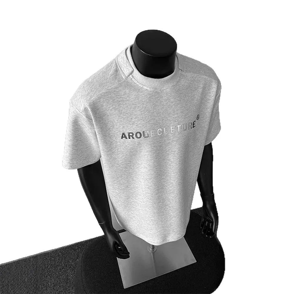 Men's cotton short sleeve pullover shirt with printed letter pattern in loose fit