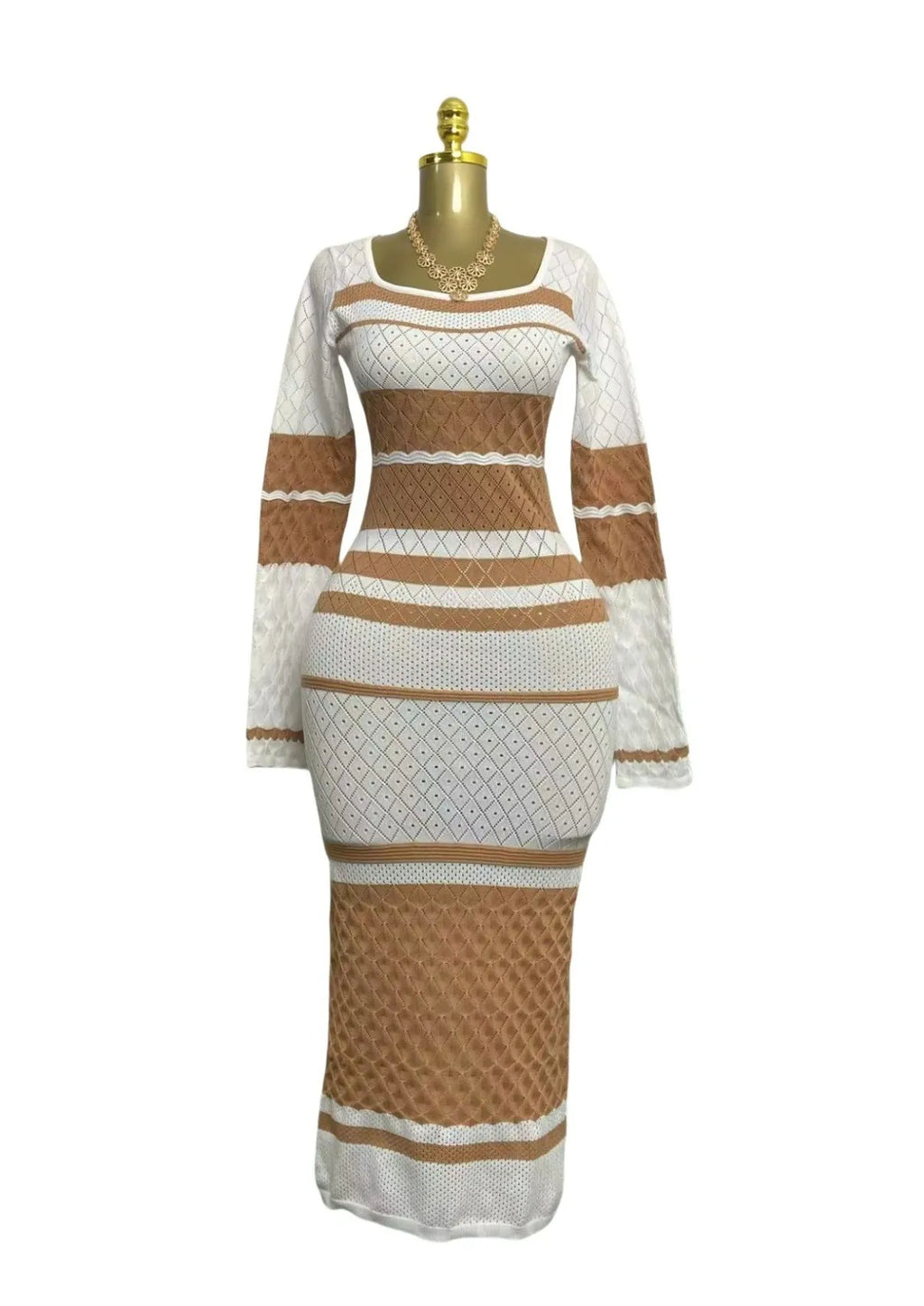 Long-sleeved U-neck knitted dress with colourful contrast stripes in black colour, free size, casual style