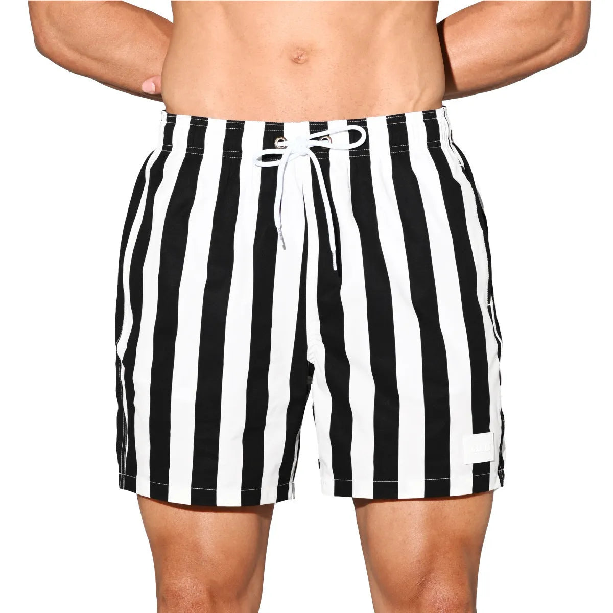 Men's casual loose striped quick-drying polyester shorts in black and white, front view, on plain background