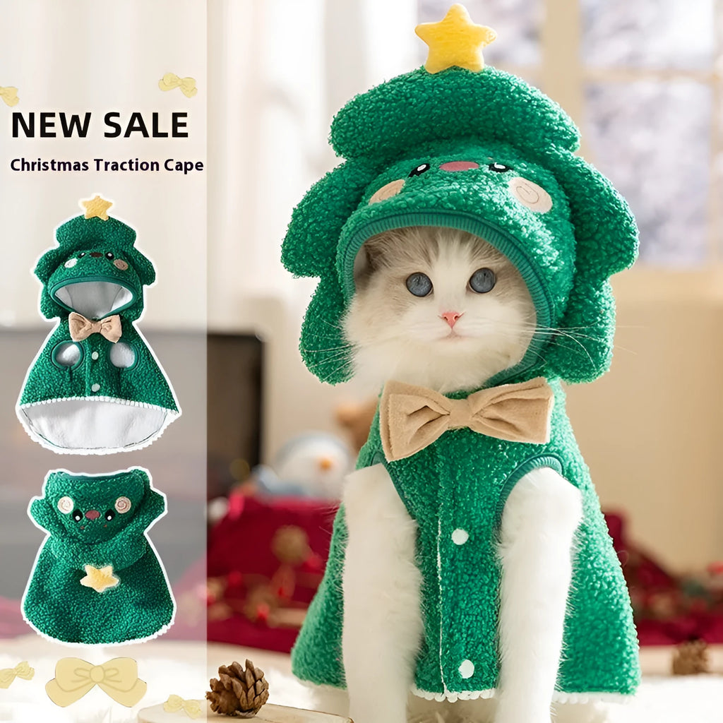 Brown cartoon elk design polyester cloak on a cat, showing the garment's fit and style.