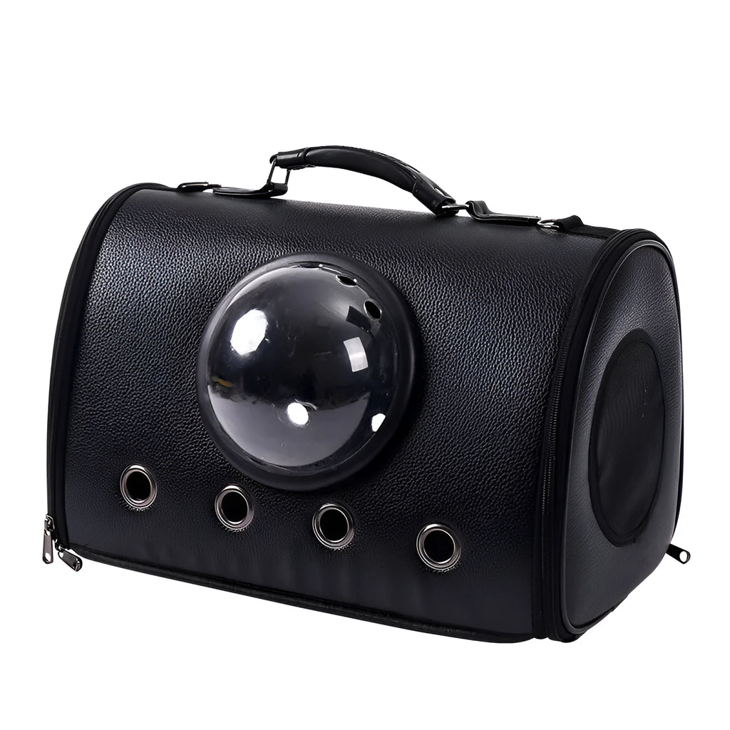 Leather cat bag space capsule in Classic Black, large capacity, with diagonal strap, for cats up to 12 catties