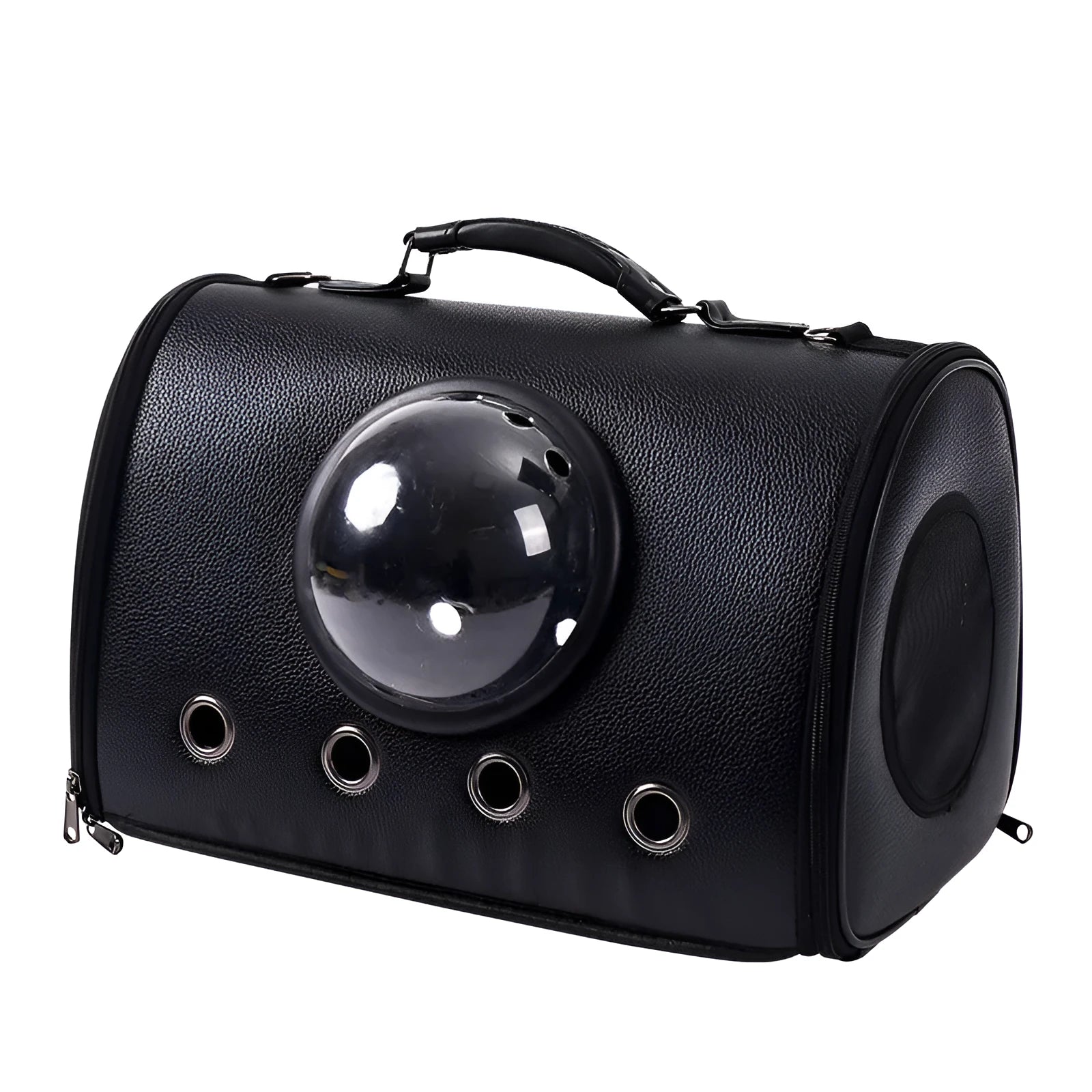 Leather cat bag space capsule in Classic Black, large capacity, with diagonal strap, for cats up to 12 catties