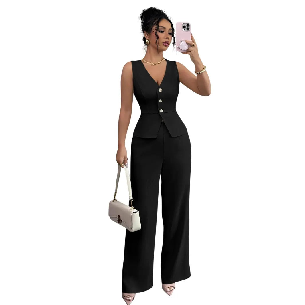 Women's solid colour sleeveless vest and high waist trousers two-piece set in casual style