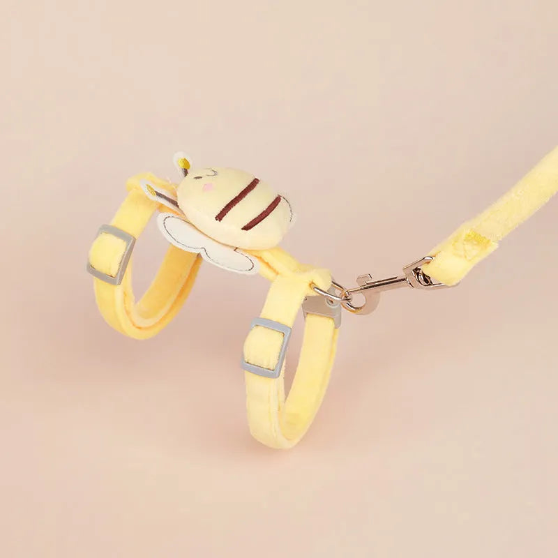 Bee-shaped adjustable cat lead with hand rope and shoulder strap in blue, pink, or yellow.
