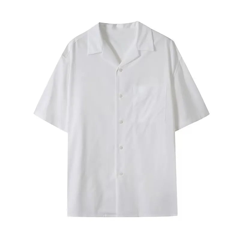 Men's and women's open collar solid colour shirt in beige with half sleeves and front pocket, loose fit