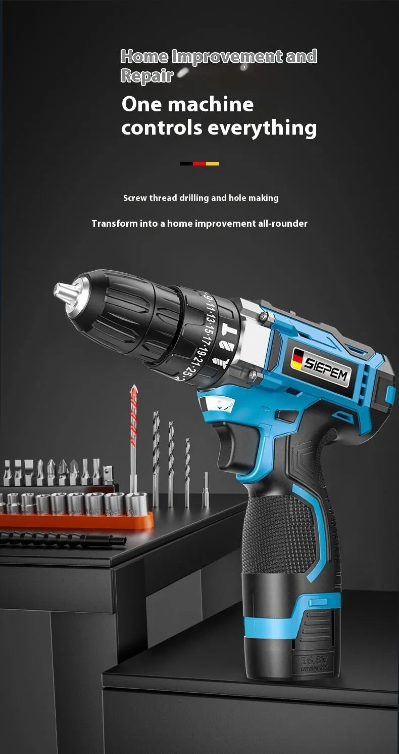 12V dual speed impact pistol drill electric screwdriver set in a plastic storage box.