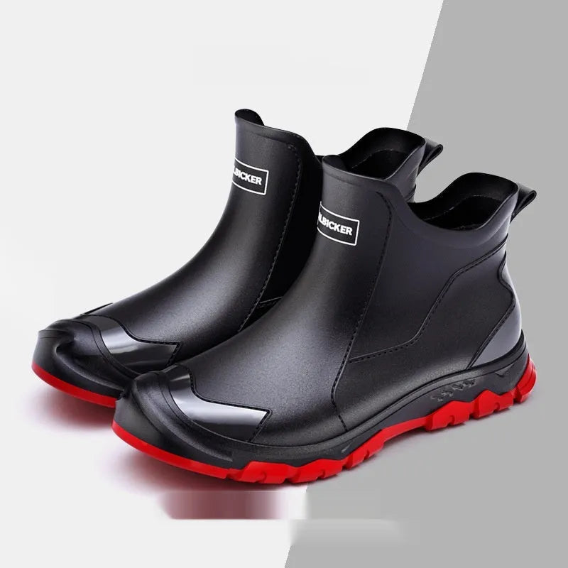 Low tube PVC rain boots with plastic soles in multiple colour options