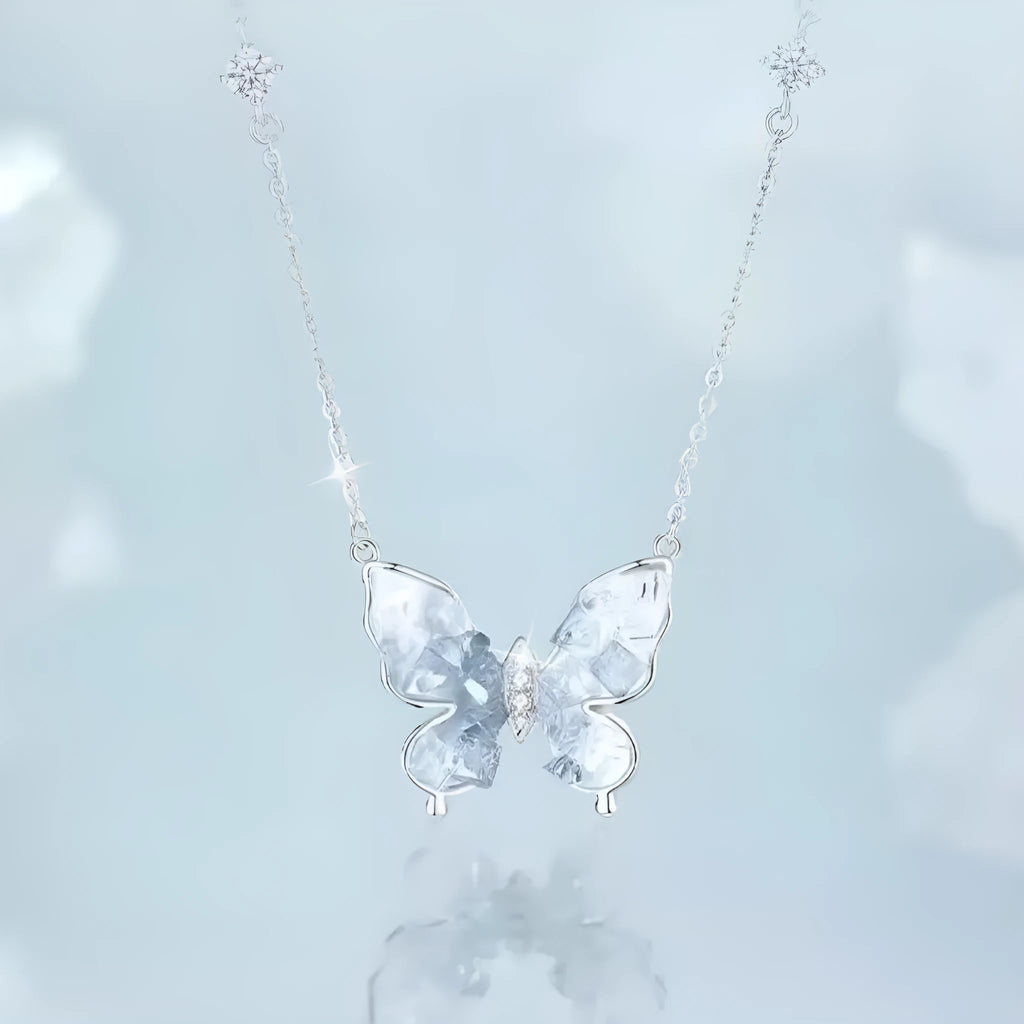 S925 sterling silver necklace with a detailed ice rain butterfly pendant on an adjustable O-ring chain.