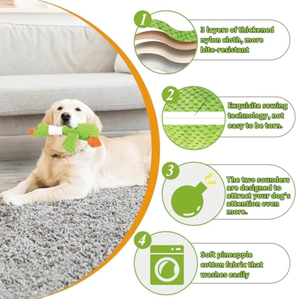 Blue duck plush dog toy with squeakers for chewing and interactive play