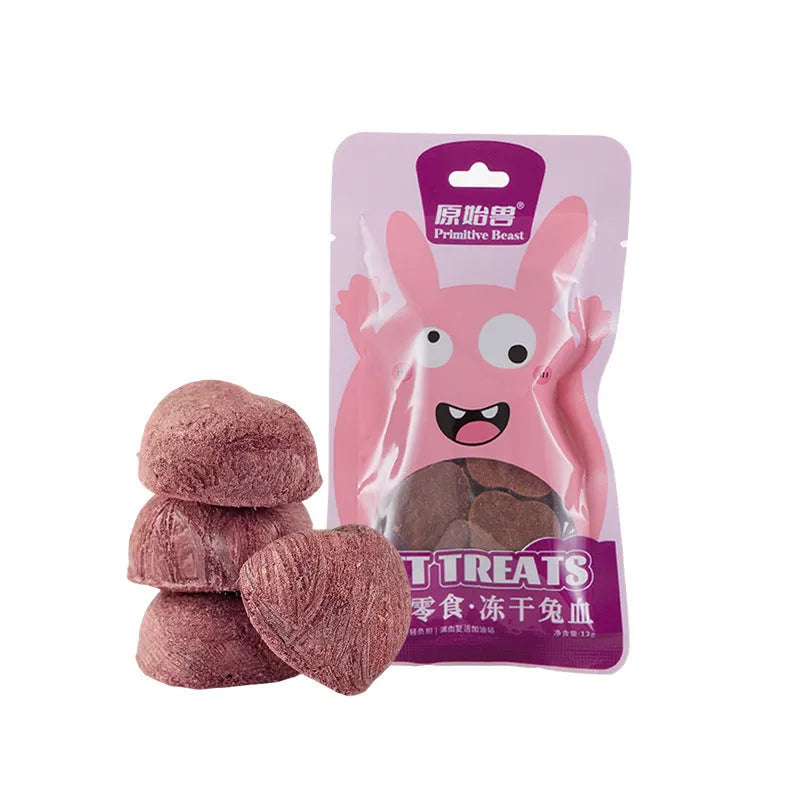 Pack of freeze-dried pet snacks with chicken and egg yolk flavours for dogs and cats, 9-25g bags