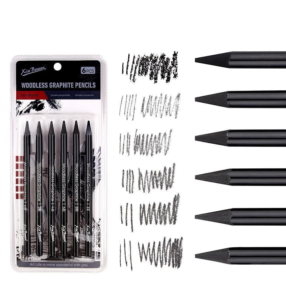 Six graphite sketching pencils with wooden barrels showing different hardness grades HB 2B 4B 6B 8B EE
