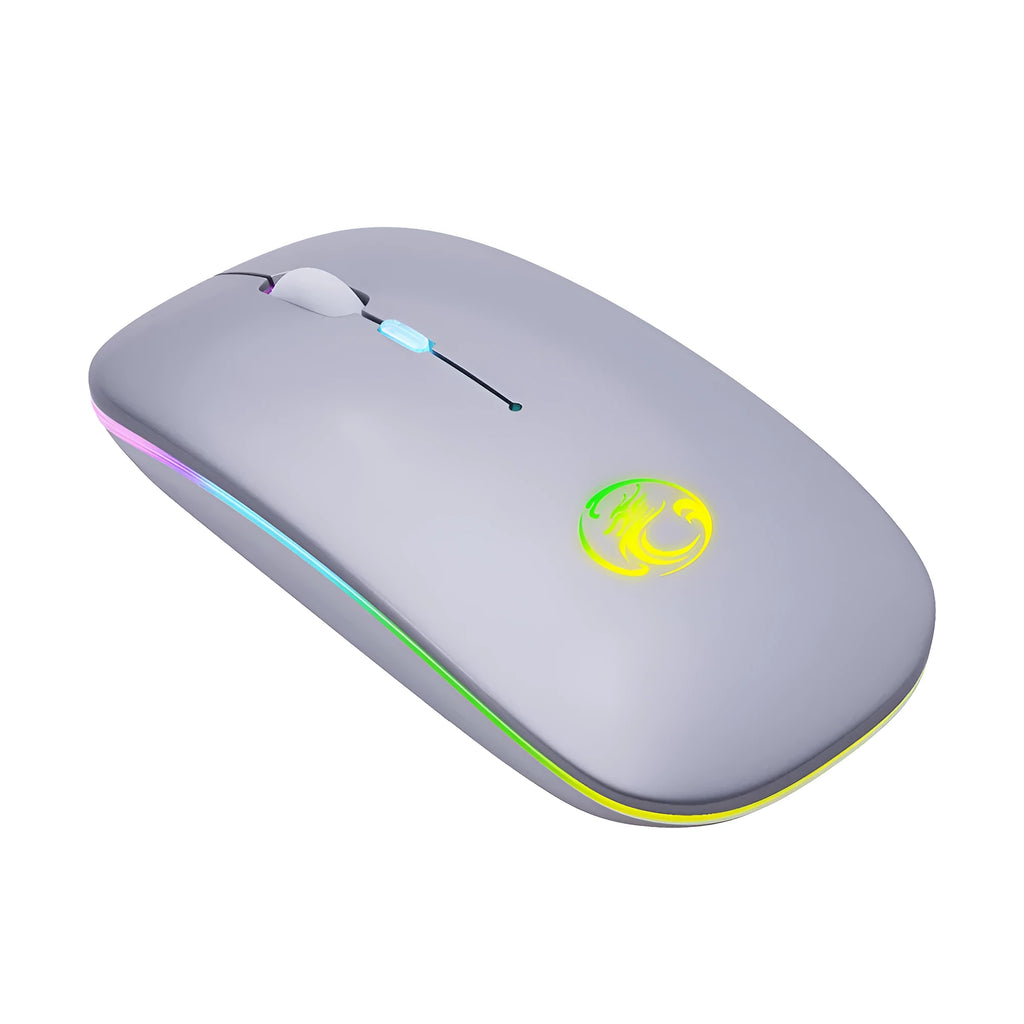 Black and white luminous charging silent wireless mouse on a desk with adjustable DPI and Bluetooth connectivity.