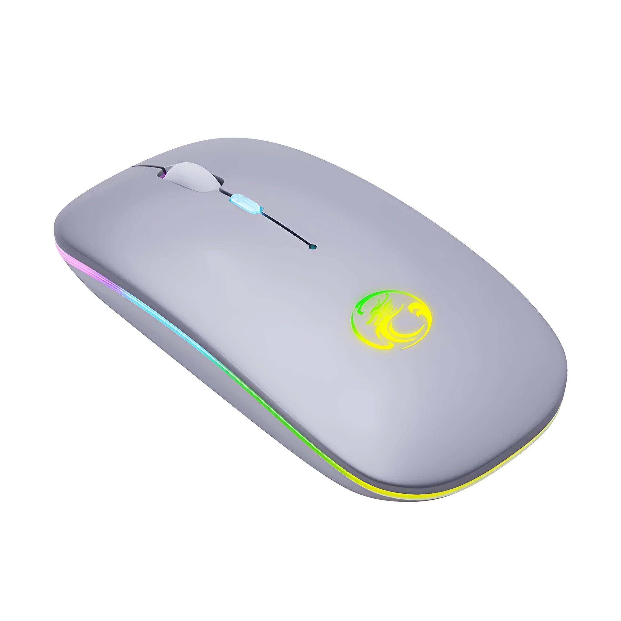 Black and white luminous charging silent wireless mouse on a desk with adjustable DPI and Bluetooth connectivity.