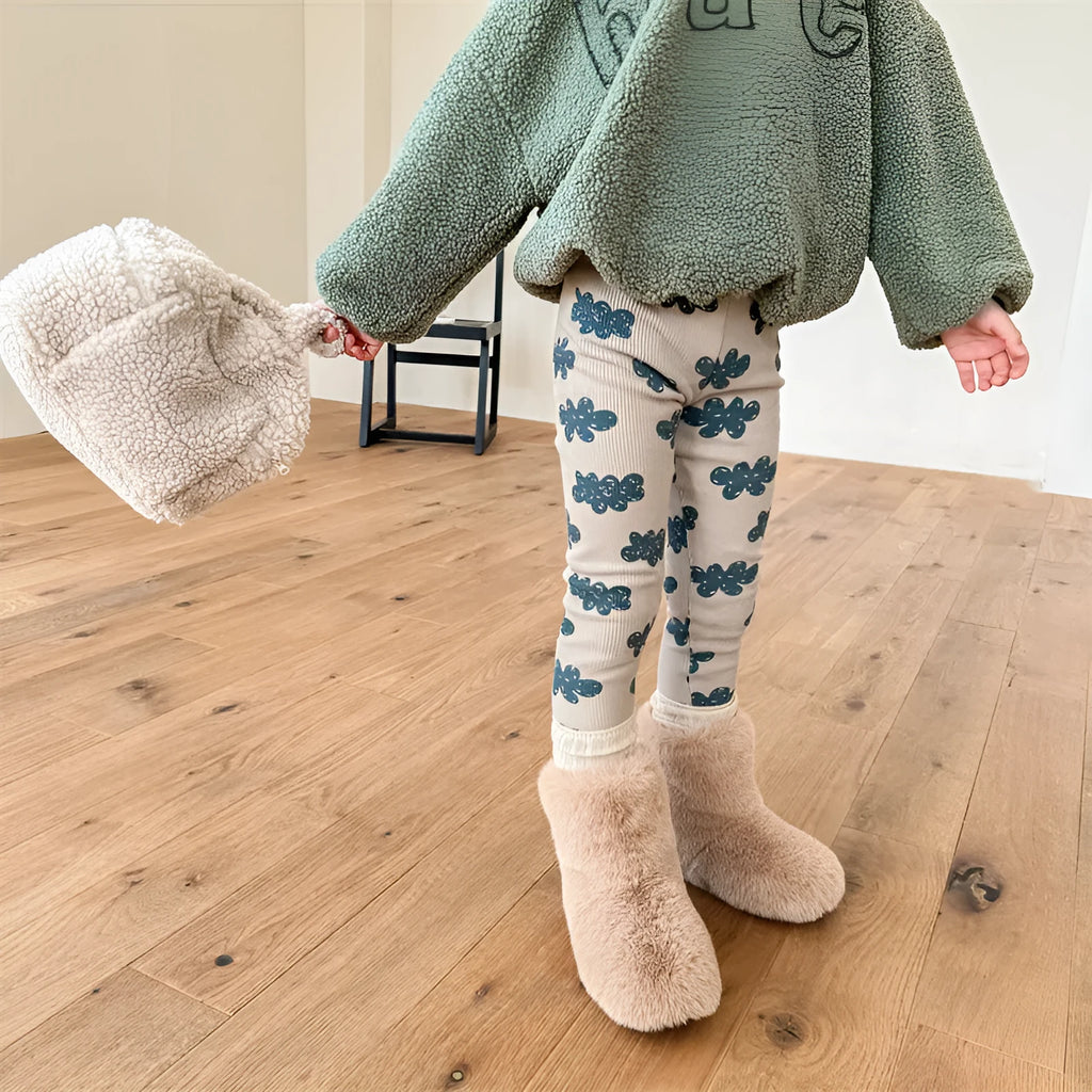 Girls winter fleece-lined cotton leggings in khaki, high waist elastic, size for 100cm height