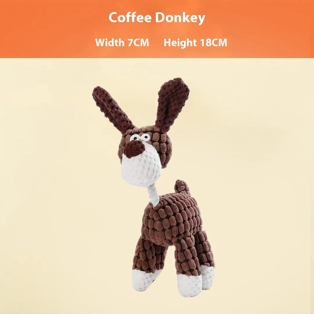 Plush puppy teething toy showing multiple animal style options including donkey, duck and elephant designs