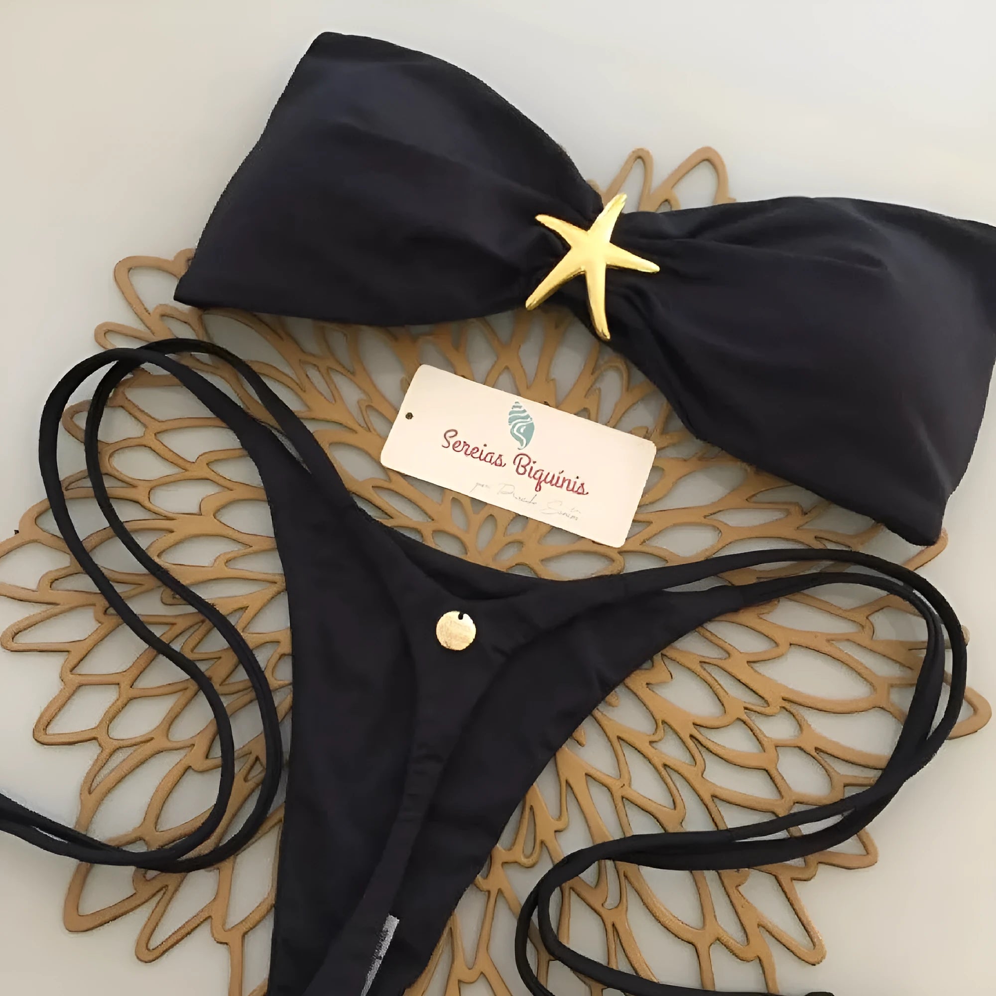 Women's metal ornament split bikini set in black with removable shoulder strap for swimming and wading sports